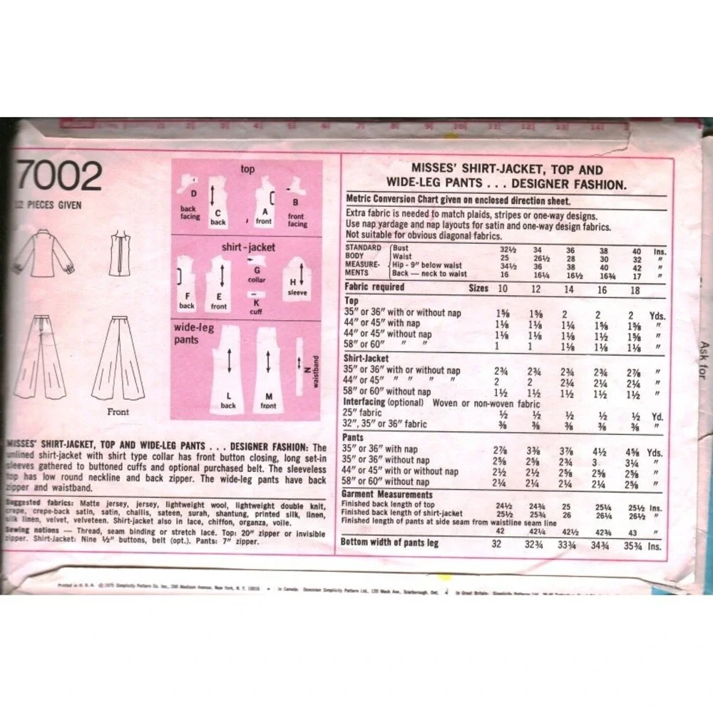 Vintage 1975 Simplicity 7002 Sewing Pattern Misses Jacket Top Wide Leg Pants 14